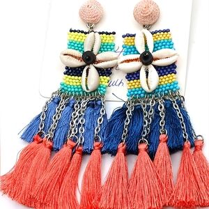 Cowrie Shells BEADED Fringe Chain Chunky Statement Earrings NEW